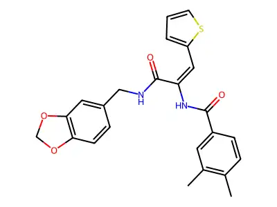 N-[3-{[(2H-1,3-Benzodioxol-5-yl)methyl]amino}-3-oxo-1-(thiophen-2-yl)prop-1-en-2-yl]-3,4-dimethylbenzamide structure
