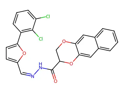 N-[(Z)-[5-(2,3-dichlorophenyl)furan-2-yl]methylideneamino]-2,3-dihydrobenzo[g][1,4]benzodioxine-3-carboxamide structure