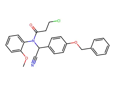 3-chloro-N-[cyano-(4-phenylmethoxyphenyl)methyl]-N-(2-methoxyphenyl)propanamide structure