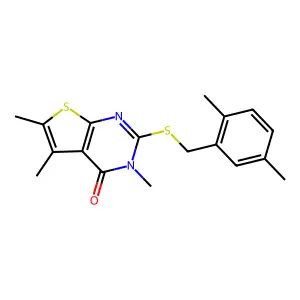 2-[(2,5-dimethylbenzyl)sulfanyl]-3,5,6-trimethylthieno[2,3-d]pyrimidin-4(3H)-one structure