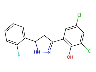 2,4-dichloro-6-(5-(2-fluorophenyl)-4,5-dihydro-1H-pyrazol-3-yl)phenol structure