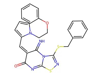 5,6-Dihydro-5-imino-6-[[1-(2-phenoxyethyl)-1H-pyrrol-2-yl]methylene]-3-[(phenylmethyl)thio]-7H-1,2,4-thiadiazolo[4,5-a]pyrimidin-7-one structure
