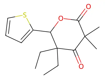 5,5-diethyl-3,3-dimethyl-6-(thiophen-2-yl)dihydro-2H-pyran-2,4(3H)-dione structure