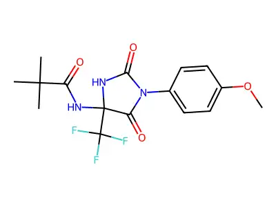 N-[1-(4-methoxyphenyl)-2,5-dioxo-4-(trifluoromethyl)imidazolidin-4-yl]-2,2-dimethylpropanamide structure
