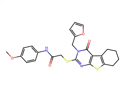 2-[3-(2-furylmethyl)-4-oxo(3,5,6,7,8-pentahydrobenzo[b]thiopheno[2,3-d]pyrimid in-2-ylthio)]-N-(4-methoxyphenyl)acetamide structure