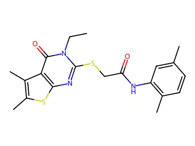 N-(2,5-Dimethylphenyl)-2-((3-ethyl-5,6-dimethyl-4-oxo-3,4-dihydrothieno[2,3-d]pyrimidin-2-yl)thio)acetamide structure