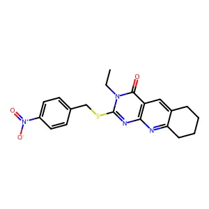 3-ethyl-2-[(4-nitrophenyl)methylsulfanyl]-6,7,8,9-tetrahydropyrimido[4,5-b]quinolin-4-one structure