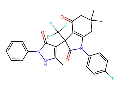 1-(4-fluorophenyl)-6,6-dimethyl-3-(5-methyl-3-oxo-2-phenyl-2,3-dihydro-1H-pyrazol-4-yl)-3-(trifluoromethyl)-3,5,6,7-tetrahydro-1H-indole-2,4-dione structure