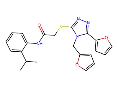 2-{[5-(furan-2-yl)-4-(furan-2-ylmethyl)-4H-1,2,4-triazol-3-yl]sulfanyl}-N-[2-(propan-2-yl)phenyl]acetamide structure
