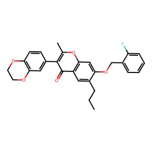 3-(2,3-dihydro-1,4-benzodioxin-6-yl)-7-[(2-fluorobenzyl)oxy]-2-methyl-6-propyl-4H-chromen-4-one structure