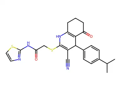 2-({3-cyano-5-oxo-4-[4-(propan-2-yl)phenyl]-1,4,5,6,7,8-hexahydroquinolin-2-yl}sulfanyl)-N-(1,3-thiazol-2-yl)acetamide structure