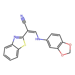 (E)-3-(benzo[d][1,3]dioxol-5-ylamino)-2-(benzo[d]thiazol-2-yl)acrylonitrile structure