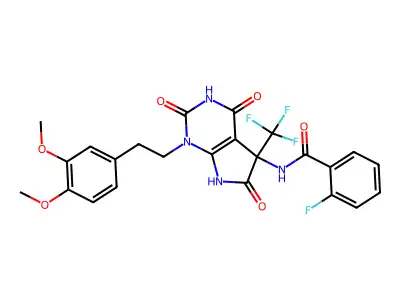 N-[1-[2-(3,4-dimethoxyphenyl)ethyl]-2,4,6-trioxo-5-(trifluoromethyl)-7H-pyrrolo[2,3-d]pyrimidin-5-yl]-2-fluorobenzamide structure