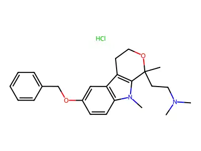 Pyrano(3,4-b)indole, 1,3,4,9-tetrahydro-6-benzyloxy-1,9-dimethyl-1-(2-(dimethylamino)ethyl)-, hydrochloride structure