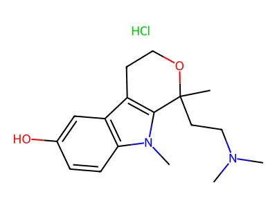 Pyrano(3,4-b)indol-6-ol, 1,3,4,9-tetrahydro-1,9-dimethyl-1-(2-(dimethylamino)ethyl)-, hydrochloride structure