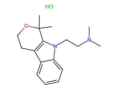 Pyrano(3,4-b)indole, 1,3,4,9-tetrahydro-1,1-dimethyl-9-(2-(dimethylamino)ethyl)-, hydrochloride structure
