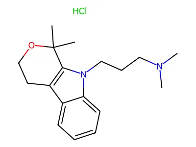 Pyrano(3,4-b)indole, 1,3,4,9-tetrahydro-1,1-dimethyl-9-(3-(dimethylamino)propyl)-, hydrochloride structure