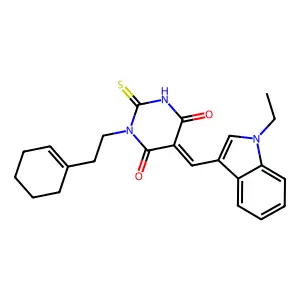 (5E)-1-[2-(cyclohexen-1-yl)ethyl]-5-[(1-ethylindol-3-yl)methylidene]-2-sulfanylidene-1,3-diazinane-4,6-dione structure