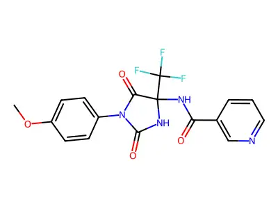 N-[1-(4-methoxyphenyl)-2,5-dioxo-4-(trifluoromethyl)imidazolidin-4-yl]pyridine-3-carboxamide structure