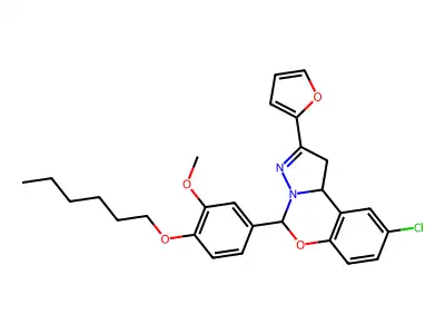 9-chloro-2-(furan-2-yl)-5-[4-(hexyloxy)-3-methoxyphenyl]-1,10b-dihydropyrazolo[1,5-c][1,3]benzoxazine structure