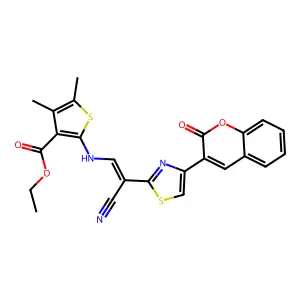 (Z)-ethyl 2-((2-cyano-2-(4-(2-oxo-2H-chromen-3-yl)thiazol-2-yl)vinyl)amino)-4,5-dimethylthiophene-3-carboxylate structure