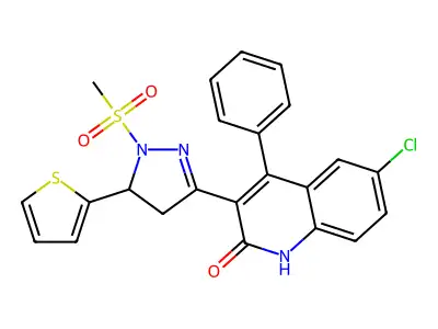 6-chloro-3-(1-(methylsulfonyl)-5-(thiophen-2-yl)-4,5-dihydro-1H-pyrazol-3-yl)-4-phenylquinolin-2(1H)-one structure