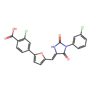 2-chloro-4-[5-[(E)-[1-(3-chlorophenyl)-2,5-dioxoimidazolidin-4-ylidene]methyl]furan-2-yl]benzoic acid structure