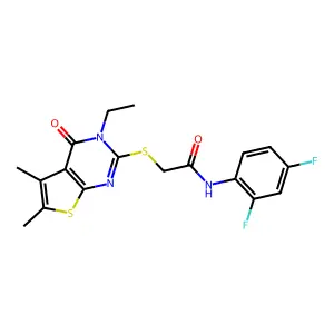 N-(2,4-Difluorophenyl)-2-((3-ethyl-5,6-dimethyl-4-oxo-3,4-dihydrothieno[2,3-d]pyrimidin-2-yl)thio)acetamide structure