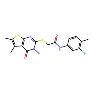 N-(3-fluoro-4-methylphenyl)-2-[(3,5,6-trimethyl-4-oxo-3,4-dihydrothieno[2,3-d]pyrimidin-2-yl)sulfanyl]acetamide structure