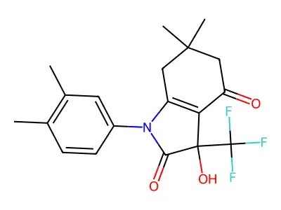 1-(3,4-dimethylphenyl)-3-hydroxy-6,6-dimethyl-3-(trifluoromethyl)-5,7-dihydroindole-2,4-dione structure