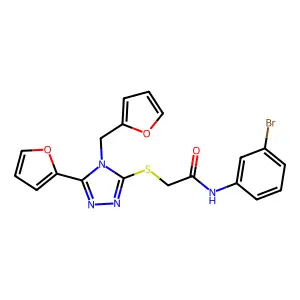 N-(3-bromophenyl)-2-{[5-(furan-2-yl)-4-(furan-2-ylmethyl)-4H-1,2,4-triazol-3-yl]sulfanyl}acetamide structure
