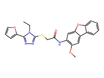 2-[[4-ethyl-5-(furan-2-yl)-1,2,4-triazol-3-yl]sulfanyl]-N-(2-methoxydibenzofuran-3-yl)acetamide structure