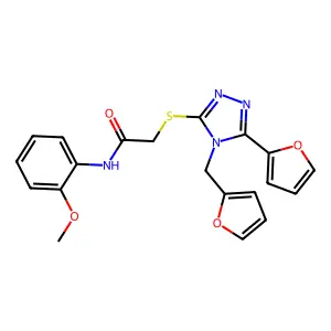 2-[[5-(2-furanyl)-4-(2-furanylmethyl)-1,2,4-triazol-3-yl]thio]-N-(2-methoxyphenyl)acetamide structure