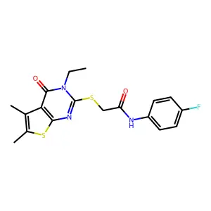 2-((3-Ethyl-5,6-dimethyl-4-oxo-3,4-dihydrothieno[2,3-d]pyrimidin-2-yl)thio)-N-(4-fluorophenyl)acetamide structure