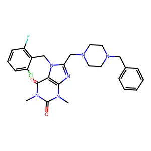 8-[(4-benzylpiperazin-1-yl)methyl]-7-[(2-chloro-6-fluorophenyl)methyl]-1,3-dimethyl-2,3,6,7-tetrahydro-1H-purine-2,6-dione structure