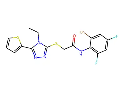 N-(2-bromo-4,6-difluorophenyl)-2-{[4-ethyl-5-(thiophen-2-yl)-4H-1,2,4-triazol-3-yl]sulfanyl}acetamide structure
