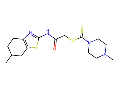 2-[(6-methyl-4,5,6,7-tetrahydro-1,3-benzothiazol-2-yl)amino]-2-oxoethyl 4-methylpiperazine-1-carbodithioate structure