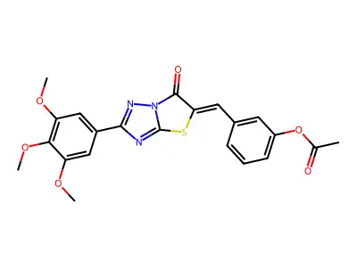 3-{(Z)-[6-oxo-2-(3,4,5-trimethoxyphenyl)[1,3]thiazolo[3,2-b][1,2,4]triazol-5(6H)-ylidene]methyl}phenyl acetate structure