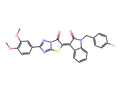 (3Z)-3-[2-(3,4-dimethoxyphenyl)-6-oxo[1,3]thiazolo[3,2-b][1,2,4]triazol-5(6H)-ylidene]-1-(4-fluorobenzyl)-1,3-dihydro-2H-indol-2-one structure