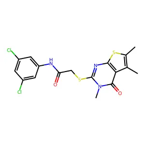 N-(3,5-dichlorophenyl)-2-(3,5,6-trimethyl-4-oxo(3-hydrothiopheno[2,3-d]pyrimid in-2-ylthio))acetamide structure