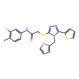 N-(3-fluoro-4-methylphenyl)-2-{[4-(furan-2-ylmethyl)-5-(thiophen-2-yl)-4H-1,2,4-triazol-3-yl]sulfanyl}acetamide structure