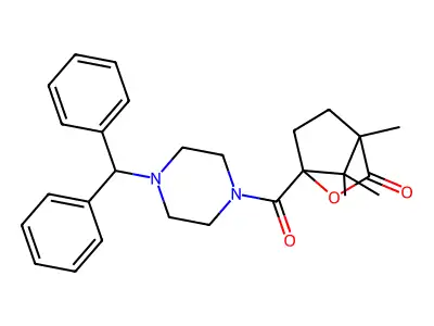 1-{[4-(diphenylmethyl)piperazin-1-yl]carbonyl}-4,7,7-trimethyl-2-oxabicyclo[2.2.1]heptan-3-one structure