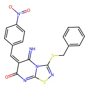 (6Z)-3-benzylsulfanyl-5-imino-6-[(4-nitrophenyl)methylidene]-[1,2,4]thiadiazolo[4,5-a]pyrimidin-7-one structure