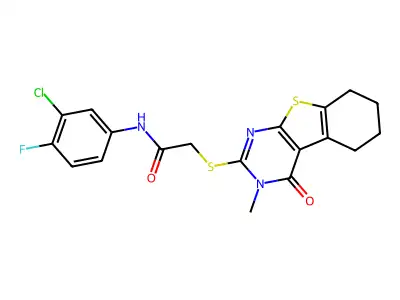 N-(3-chloro-4-fluorophenyl)-2-(3-methyl-4-oxo(3,5,6,7,8-pentahydrobenzo[b]thio pheno[2,3-d]pyrimidin-2-ylthio))acetamide structure
