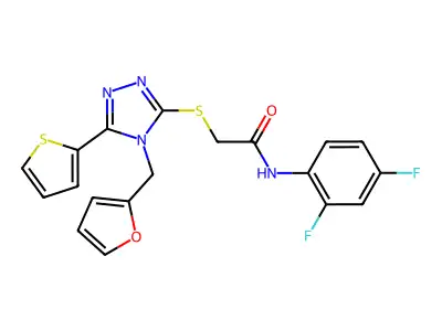 N-(2,4-difluorophenyl)-2-{[4-(furan-2-ylmethyl)-5-(thiophen-2-yl)-4H-1,2,4-triazol-3-yl]sulfanyl}acetamide structure