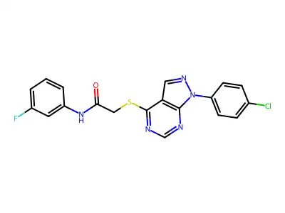 2-((1-(4-chlorophenyl)-1H-pyrazolo[3,4-d]pyrimidin-4-yl)thio)-N-(3-fluorophenyl)acetamide structure