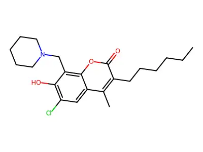 6-chloro-3-hexyl-7-hydroxy-4-methyl-8-(piperidinomethyl)-2H-chromen-2-one structure