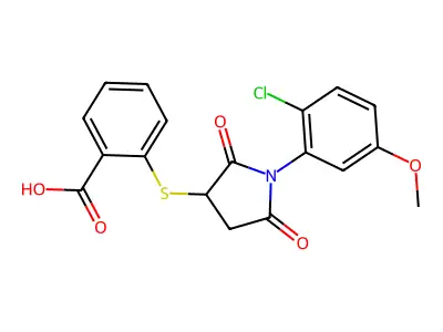 2-{[1-(2-Chloro-5-methoxyphenyl)-2,5-dioxopyrrolidin-3-yl]sulfanyl}benzoic acid structure
