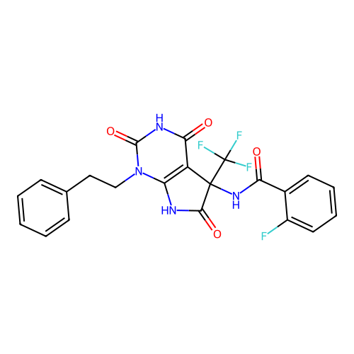 2-fluoro-N-(2,4,6-trioxo-1-phenethyl-5-(trifluoromethyl)-2,3,4,5,6,7-hexahydro-1H-pyrrolo[2,3-d]pyrimidin-5-yl)benzamide structure