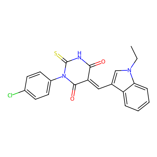 (5E)-1-(4-chlorophenyl)-5-[(1-ethyl-1H-indol-3-yl)methylidene]-2-sulfanylpyrimidine-4,6(1H,5H)-dione structure